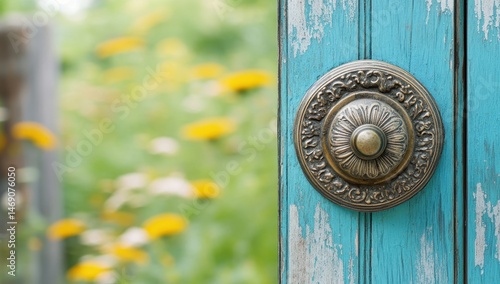 Antique door bell on teal wooden gate, garden view