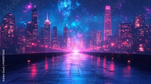 Neon cityscape at night under a vibrant starry sky.