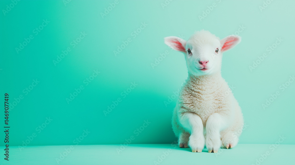 Fototapeta premium Peaceful Portrait of Fluffy Lamb Representing Innocence and Devotion During Eid Adha Religious Celebration. Copy Space