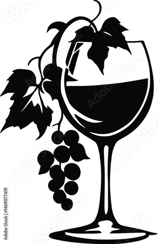 Wine and Grapes Silhouette Featuring an Elegant Long-Stemmed Glass Accompanied by a Cluster of Grapes and Decorative Leaves, Evoking the Sophisticated Essence of Winemaking and Fine Dining