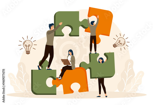 Team Collaboration Building Concept with Puzzle Pieces and Bright Idea.