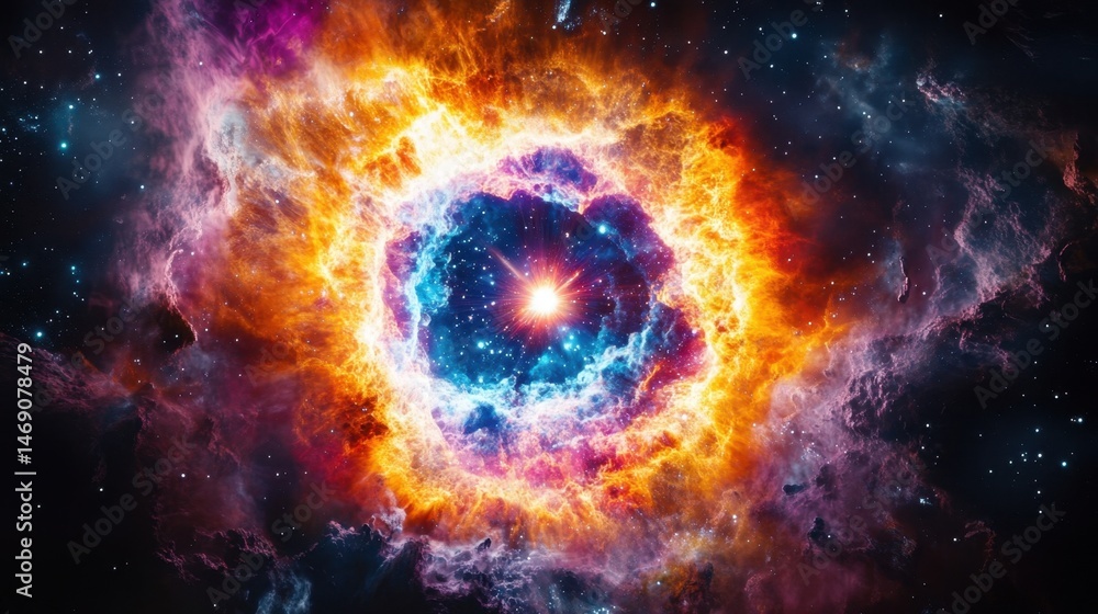 Fototapeta premium Exploding Star Formation in Colorful Nebula with Bright Center and Cosmic Background