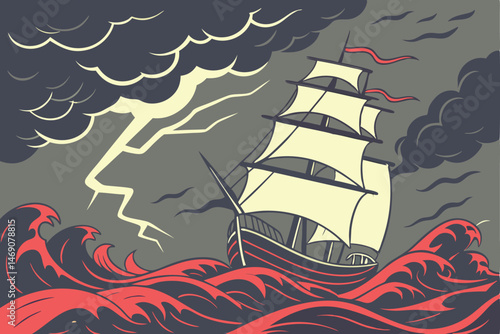 29 Majestic sailing ship, stormy sea, dramatic cloudy sky, glowing red water, turbulent waves, ghostly atmosphere, eerie lighting, cinematic composition, fantasy adventure, high contrast, detailed tex