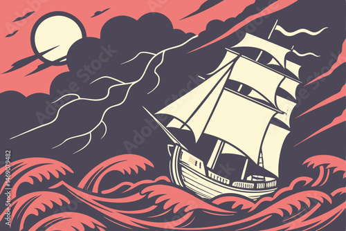 29 Majestic sailing ship, stormy sea, dramatic cloudy sky, glowing red water, turbulent waves, ghostly atmosphere, eerie lighting, cinematic composition, fantasy adventure, high contrast, detailed tex