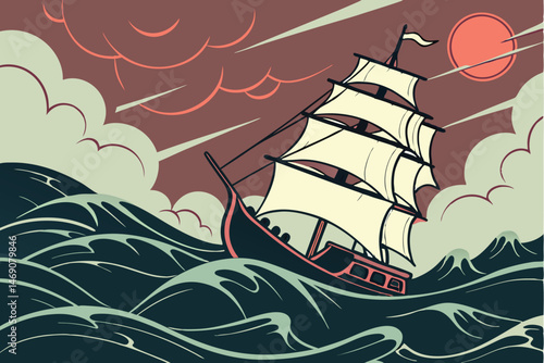 29 Majestic sailing ship, stormy sea, dramatic cloudy sky, glowing red water, turbulent waves, ghostly atmosphere, eerie lighting, cinematic composition, fantasy adventure, high contrast, detailed tex
