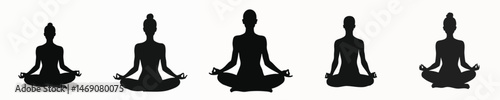 Set of Elegant Female Silhouettes in Yoga and Meditation Poses on White Background for Wellness and Mindfulness Concepts
