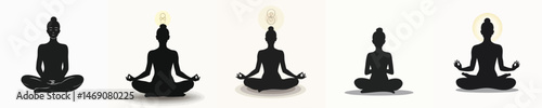 Set of Elegant Female Silhouettes in Yoga and Meditation Poses on White Background for Wellness and Mindfulness Concepts