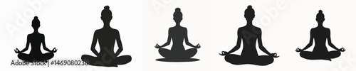 Set of Elegant Female Silhouettes in Yoga and Meditation Poses on White Background for Wellness and Mindfulness Concepts