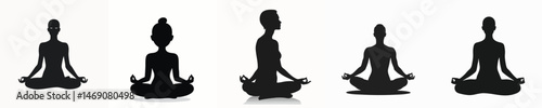 Set of Elegant Female Silhouettes in Yoga and Meditation Poses on White Background for Wellness and Mindfulness Concepts