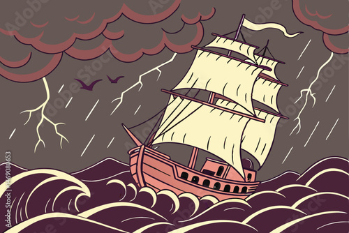 29 Majestic sailing ship, stormy sea, dramatic cloudy sky, glowing red water, turbulent waves, ghostly atmosphere, eerie lighting, cinematic composition, fantasy adventure, high contrast, detailed tex