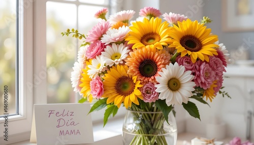 Mother’s day celebration gift with sunflower on vase and post card feliz dia mama