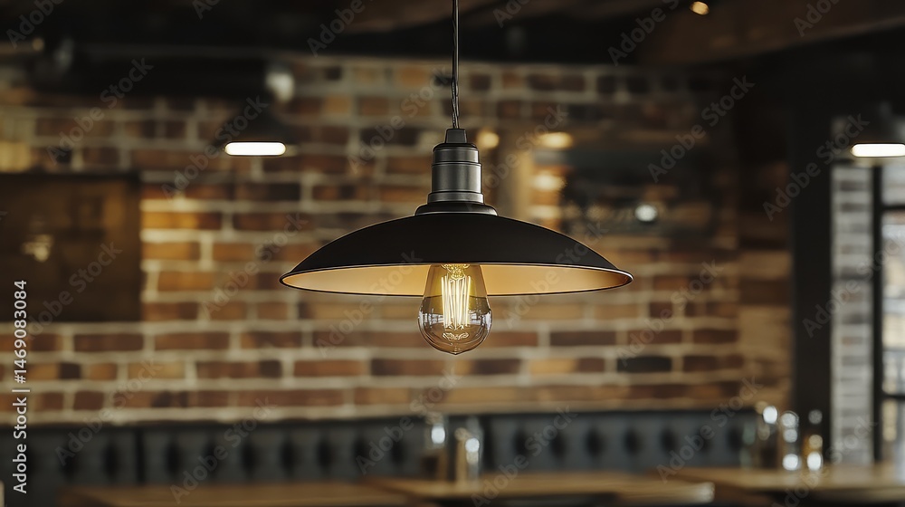 Obraz premium Light fixture with Edison bulb above rustic table surrounded by natural wood finishes