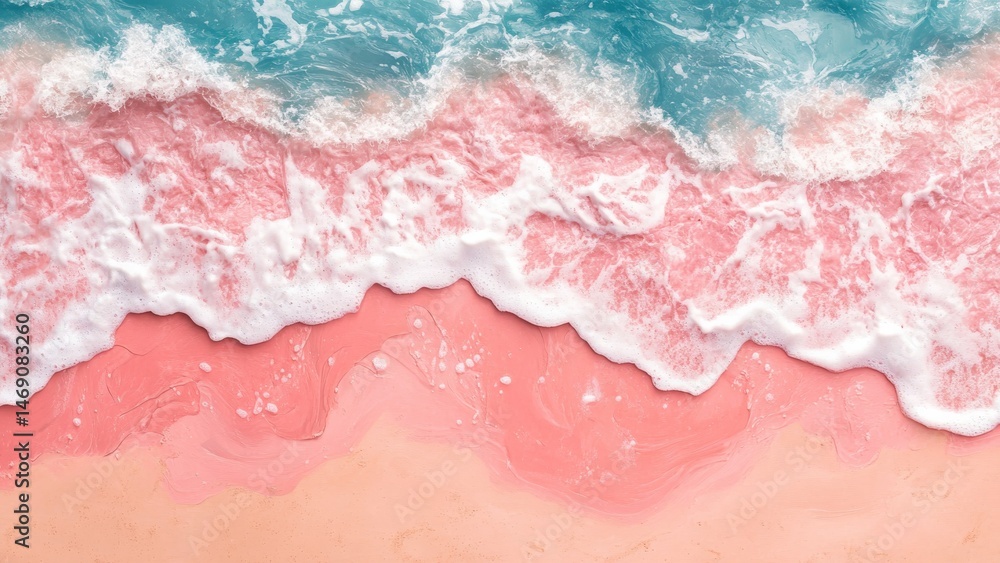 Aerial view: Gentle waves lap onto a pink sand beach Aerial view: Gentle waves lap onto a pink sand beach