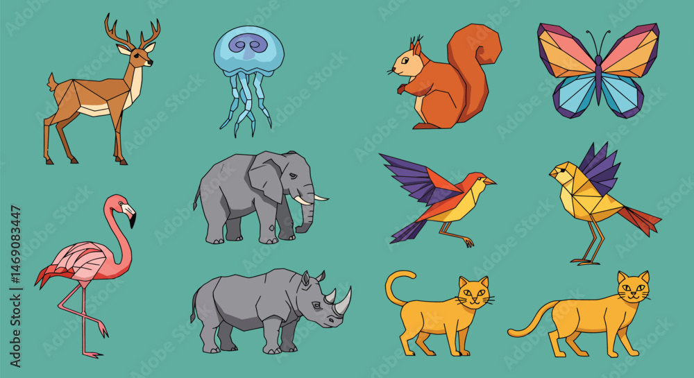 Obraz premium Nine Geometric Animals: Deer, Jellyfish, Squirrel, Butterfly, Elephant, Bird, Flamingo, Rhino, Cat