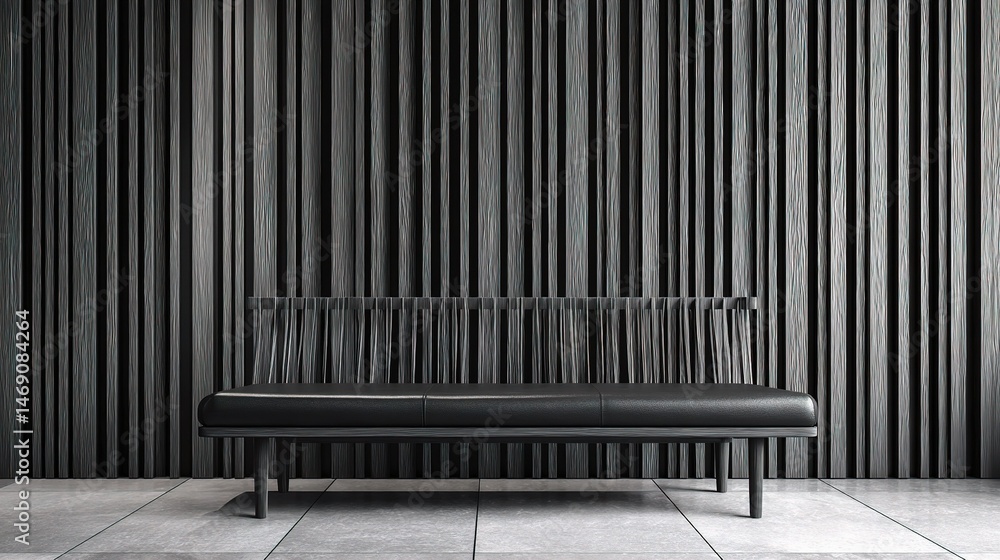 Fototapeta premium Sleek Black Bench Against Dramatic Vertical Wooden Strips Wall