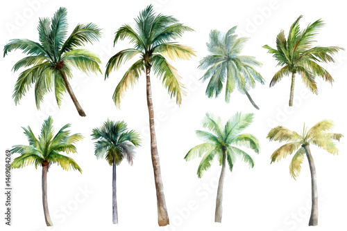 Set of hand painted watercolor coconut trees in transparent png format over white background