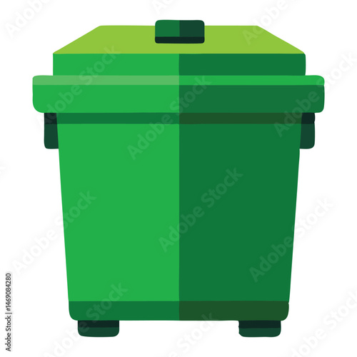 A green plastic container designed for waste disposal or recycling, commonly known as a garbage bin or trash can, promoting a clean environment, ecological, clean energy, green living, labels