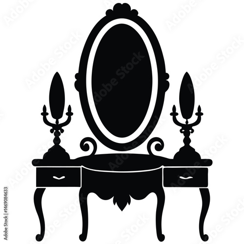 Black silhouette reveals antique vanity with oval mirror and candlestick sconces providing symmetrical elegance