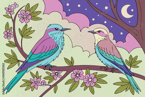 31 two beautiful magical fairy-like birds perched on a branch, detailed and colorful digital art, fantasy, whimsical, captivating, highly detailed, 8k, cinematic lighting, vibrant colors
