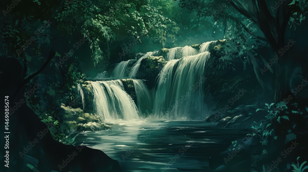 Fototapeta premium Serene waterfalls emptying into a still reservoir hugged by layers of rich green leaves