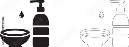 Drop from a bottle with a dispenser falls into a bowl. Vector editable template.