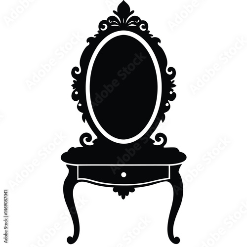 Ornate black vanity table showcases an elegant oval mirror with a decorative frame