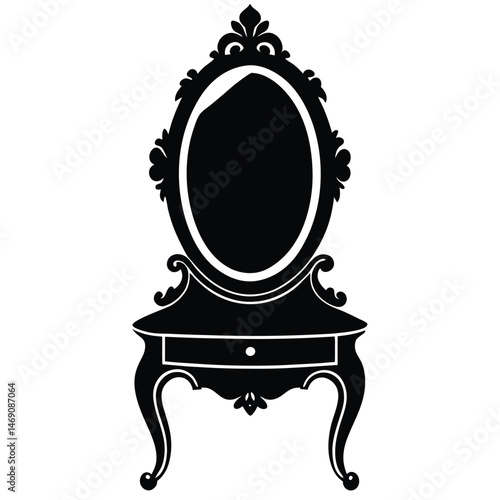 Ornate dressing table features an oval mirror and a single drawer in a striking black silhouette