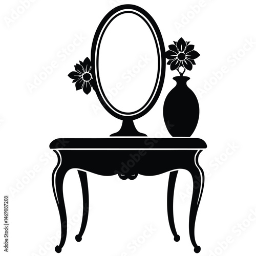 Ornate vintage dressing table featuring an oval mirror and floral arrangements presents a stylish silhouette