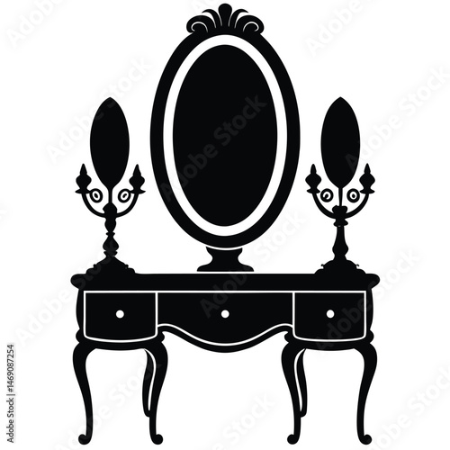 Ornate vanity silhouette displaying oval mirror flanked by elaborate sconces presents a vintage aesthetic