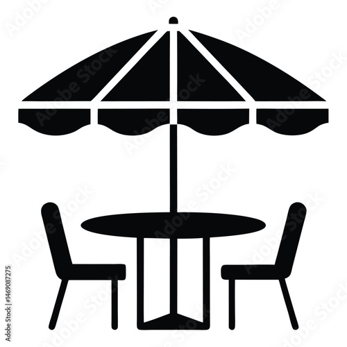Outdoor dining illustration shows table, chairs, and an umbrella providing shade