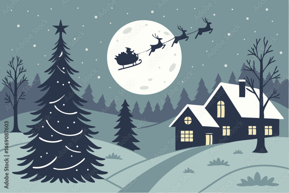 Naklejka premium 32 winter night landscape, snowy village, lit houses, christmas tree, santa sleigh flying in the sky, full moon, stars, pine trees, silhouette trees