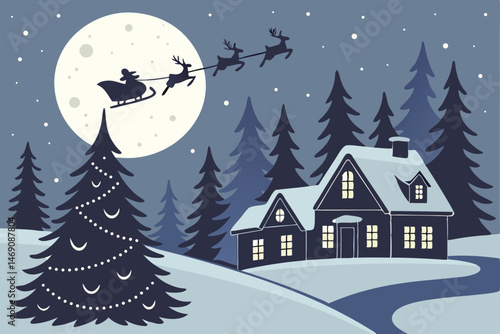 32 winter night landscape, snowy village, lit houses, christmas tree, santa sleigh flying in the sky, full moon, stars, pine trees, silhouette trees