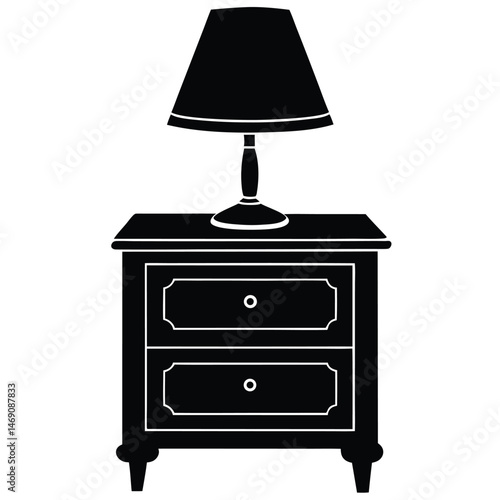 Silhouette depicts a nightstand with two drawers and a lamp for bedroom furniture