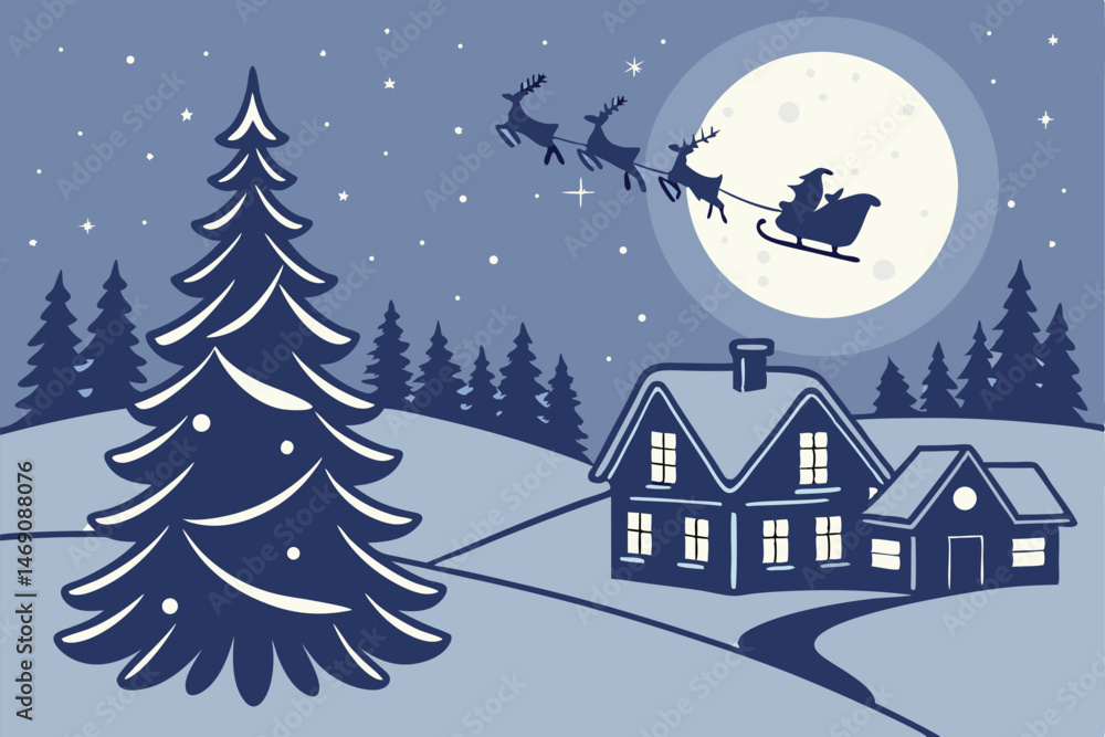Fototapeta premium 32 winter night landscape, snowy village, lit houses, christmas tree, santa sleigh flying in the sky, full moon, stars, pine trees, silhouette trees