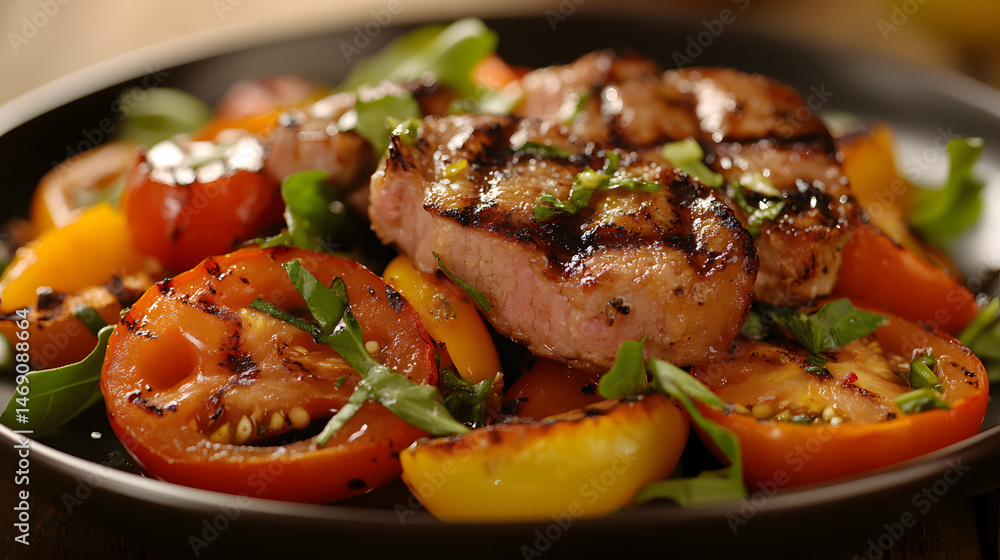 Grilled pork tenderloin topped with fresh herbs and served over a bed of roasted tomatoes and peppers. A gourmet-style dish. Grilled pork tenderloin topped with fresh herbs and served over a bed of roasted tomatoes and peppers. A gourmet-style dish.