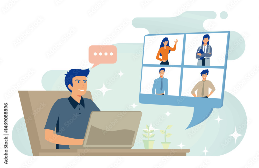 Online conference from home concept. Happy young man talking to colleagues using a video call. Online conference from home concept. Happy young man talking to colleagues using a video call.