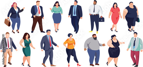 Body positive set of plus-size business people in dynamic scenarios