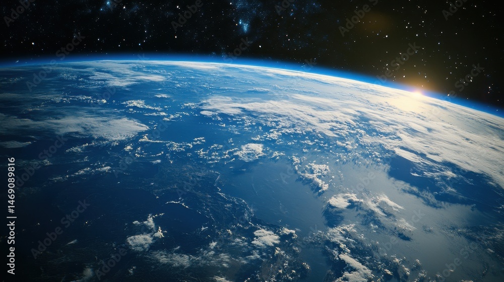 Fototapeta premium A Beautiful View of Earth from Space at Dawn with Soft Blue and White Colors