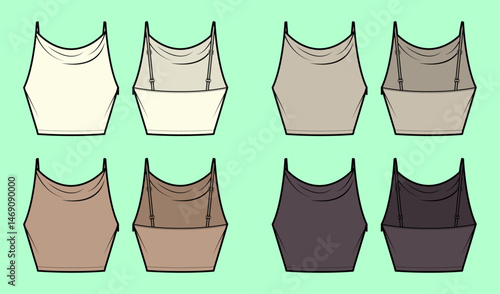 Ladies sleeveless crop camisole tops bundle colour set technical drawing fashion flat sketch.