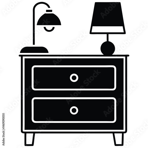 Two table lamps sit atop a nightstand with two drawers, a stylish bedroom setup