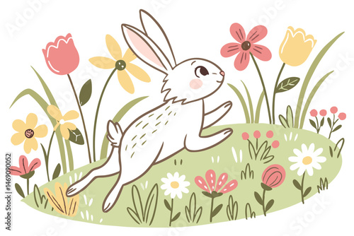 33 cute rabbit,fluffy bunny,white rabbit,spring garden,colorful flowers,easter,whimsical,pastel colors,vector illustration,digital art