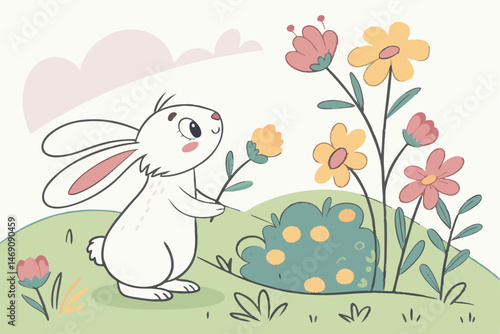 33 cute rabbit,fluffy bunny,white rabbit,spring garden,colorful flowers,easter,whimsical,pastel colors,vector illustration,digital art