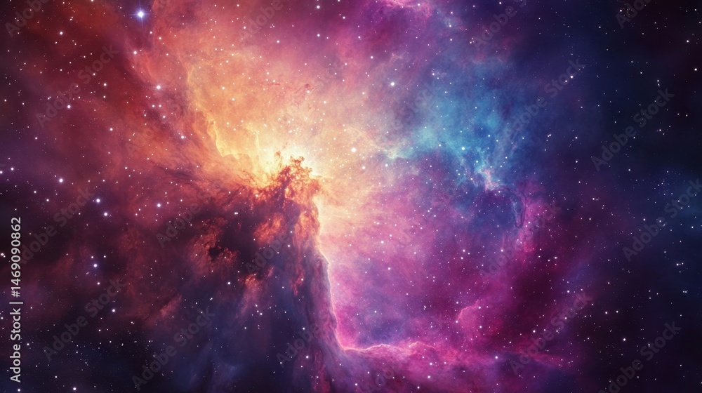 Obraz premium Vibrant nebula in cosmic colors, showcasing bright hues of purple, blue, and pink against a dark space backdrop.