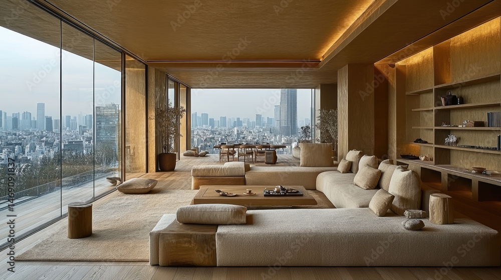 Fototapeta premium Spacious modern living room with city views.