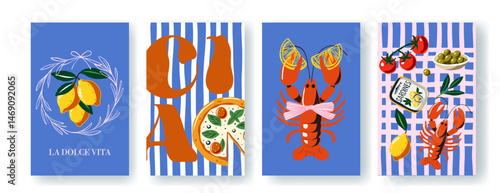 Colorful vector poster set with Italian food elements: lobster, sardines, lemon, pizza, olives. Summer Mediterranean theme, flat hand-drawn illustrations on blue striped backgrounds