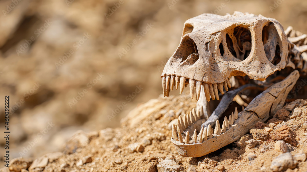 Fototapeta premium Detailed fossilized dinosaur skull rests rocky terrain, showcasing sharp teeth and intricate bone structure, evoking sense