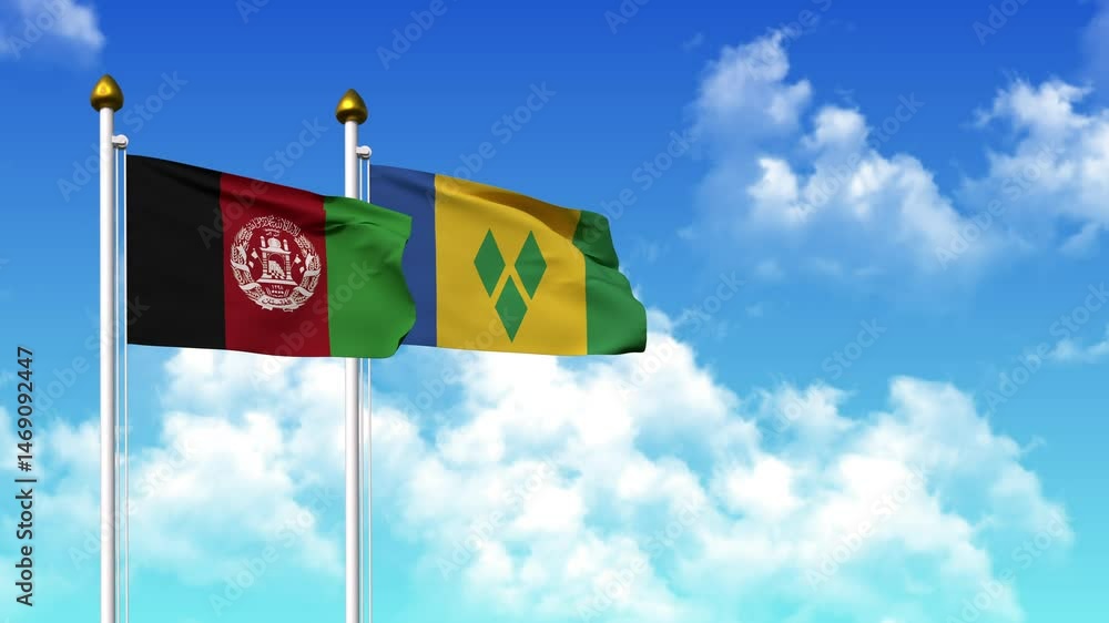 Waving flags of AFGHANISTAN and SAINT VINCENT on pole included with alpha channel Waving flags of AFGHANISTAN and SAINT VINCENT on pole included with alpha channel