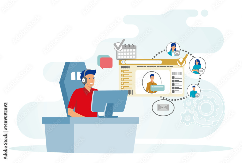 Customer Service concept. Professional sitting at desk and working with computer. Customer Service concept. Professional sitting at desk and working with computer.