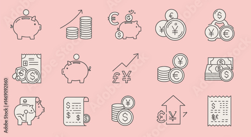 Monoline Finance Icons: Piggy Bank, Coins, Arrow, Currency