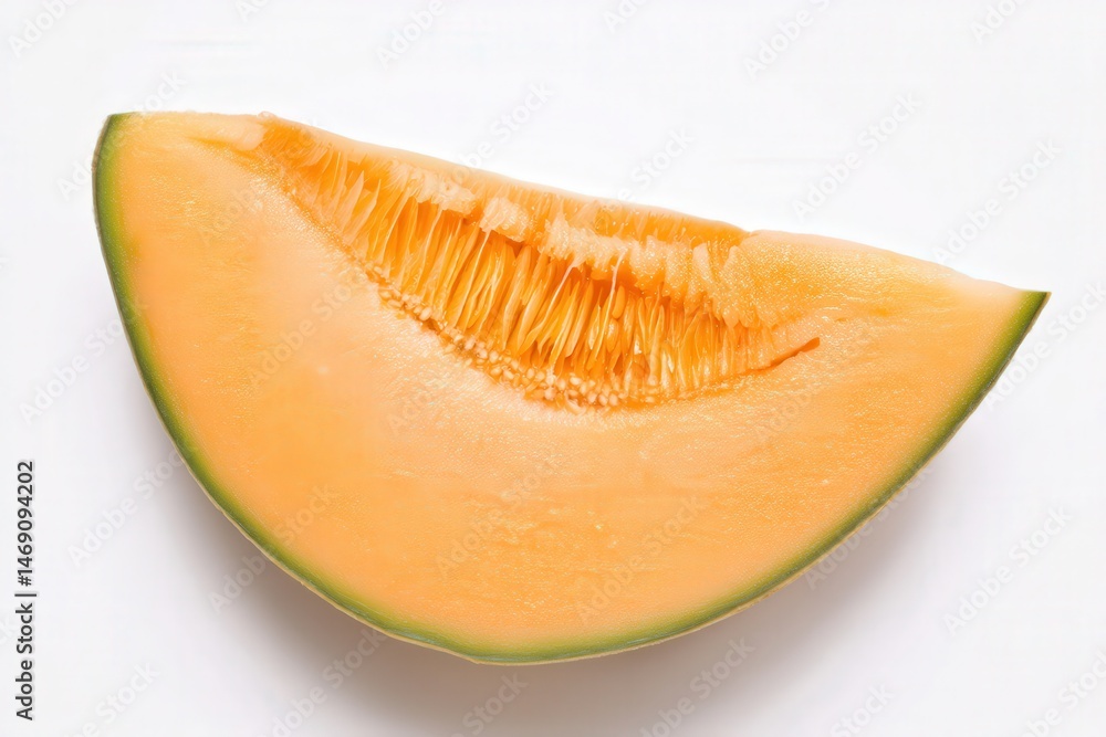 Slice of ripe cantaloupe melon with seeds on white background
Slice of ripe cantaloupe melon with seeds on white background